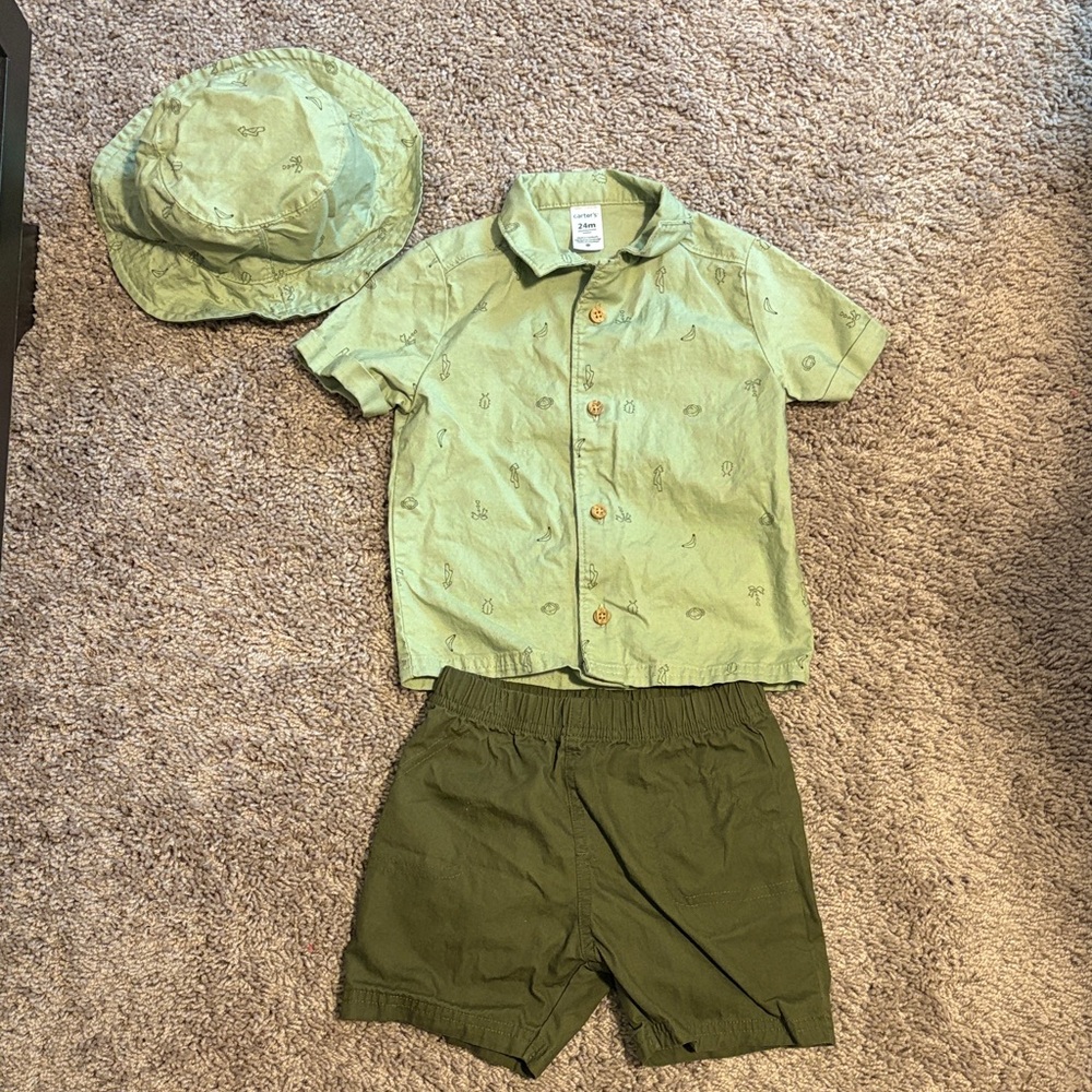 Carter's Light Green Shirt and Dark Green Shorts Set With Matching Hat
